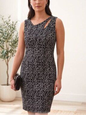 Tonia DeBellis Black & White Scroll Sheath Dress - Size M  Pre - Loved